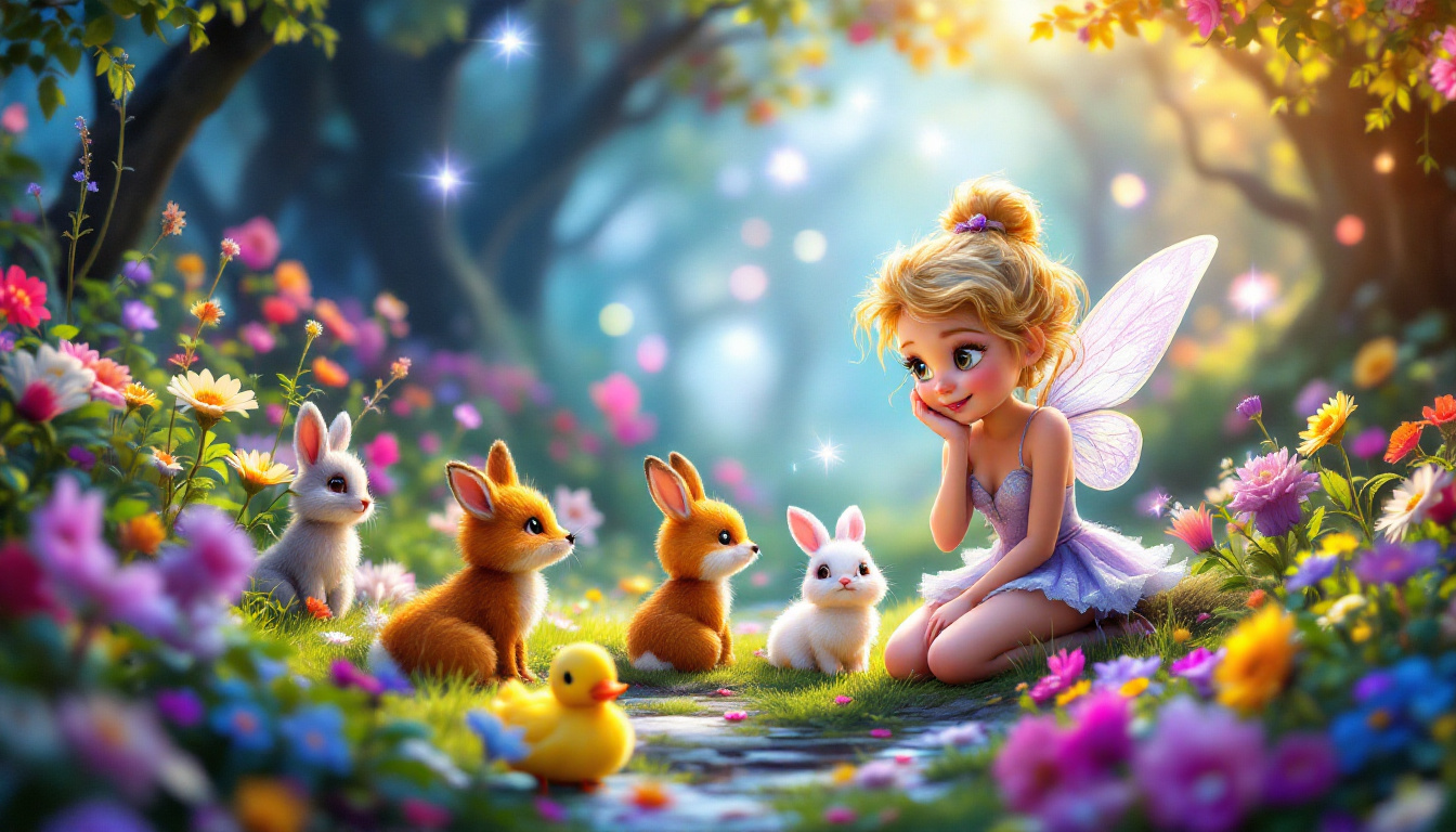 A small fairy named Mia helping animals in a vibrant enchanted forest, with colorful flowers, sparkling magical light, and various forest creatures like rabbits, ducks and foxes, showcasing friendship and kindness in a fairy-tale setting.