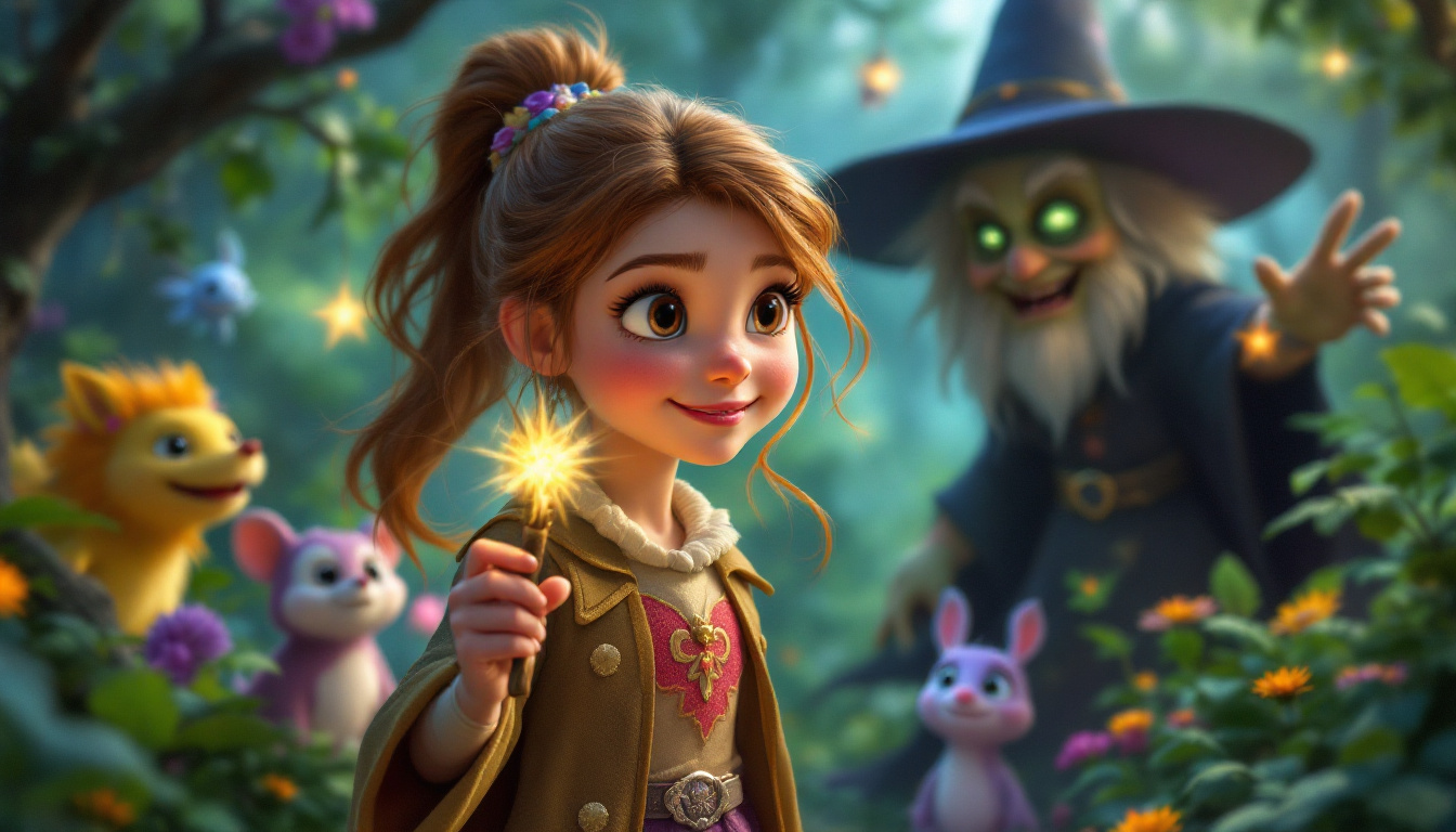 A young girl named Clara, a brave young magician, in a magical forest facing a wicked witch named Zorafine. Clara holds a glowing wand, surrounded by friendly magical creatures, representing themes of friendship and bravery in a whimsical wizard and witch genre.