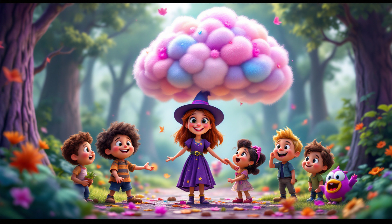 A whimsical cartoon scene featuring a cheerful witch named Greta surrounded by playful children and a fluffy, colorful cloud that looks like a dragon, in a magical forest setting.