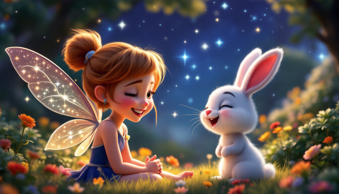 A cheerful fairy named Anna with sparkly wings and a gentle bunny named Hoppel in a magical forest, playing together and laughing under a starry night sky, emphasizing the theme of friendship and joy.