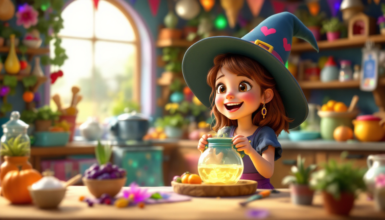 A young witch named Sophie brewing a laughter potion in a colorful kitchen filled with magical ingredients, joy and friendship theme, whimsical and enchanting atmosphere.