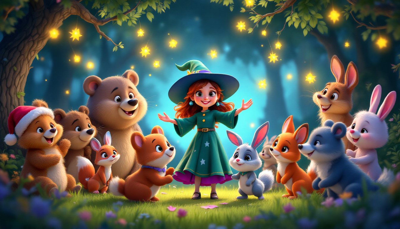 A colorful forest party with the witch Greta, surrounded by cheerful animals like bears, foxes, and rabbits, dancing under glowing fireflies at night.