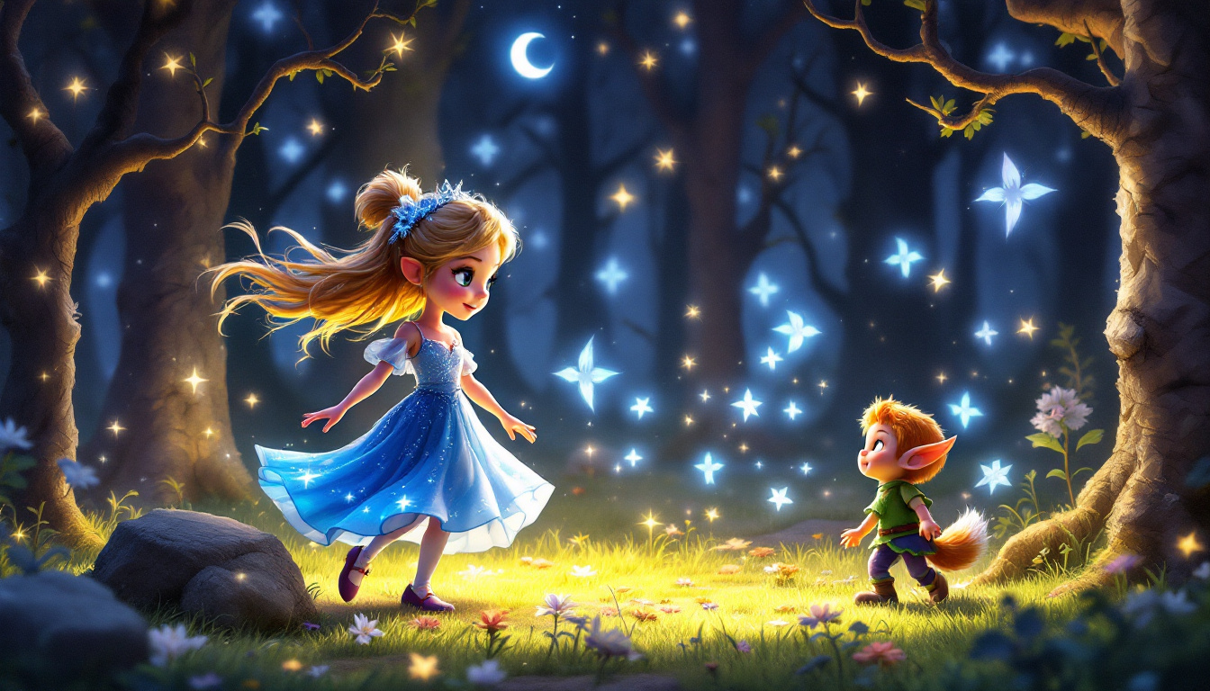 A fairy tale scene featuring Luna the Moon Dancer, a brave young girl with sparkling hair and a shimmering dress, dancing in a magical moonlit forest with her friend Glitzerchen, a small colorful elf, and a little moon fox, surrounded by dark shadows being banished by their dance.