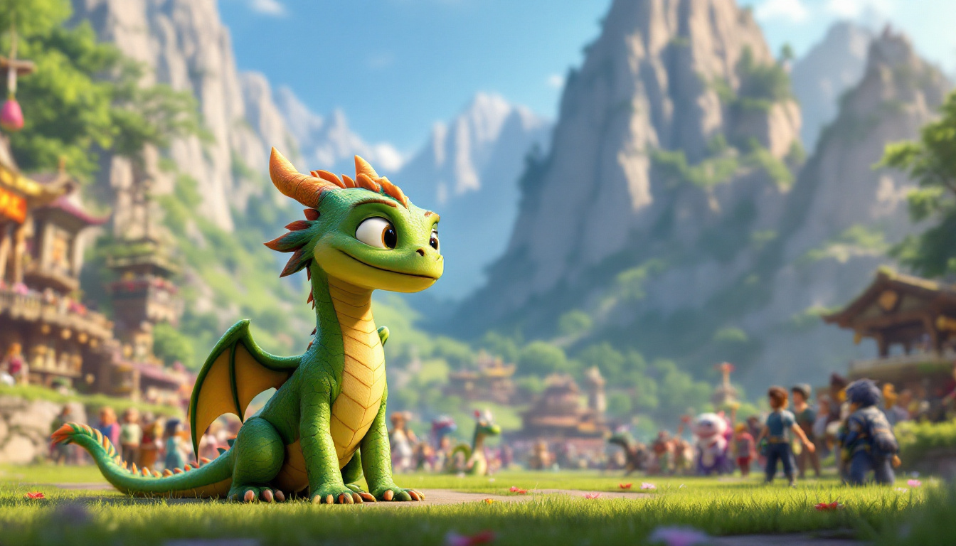 A young dragon named Leo, with vibrant green scales, nervously preparing to fly in a dragon competition on a sunny day at Dragon Mountain, surrounded by cheering dragons and his supportive friends, adventure and fantasy genre.