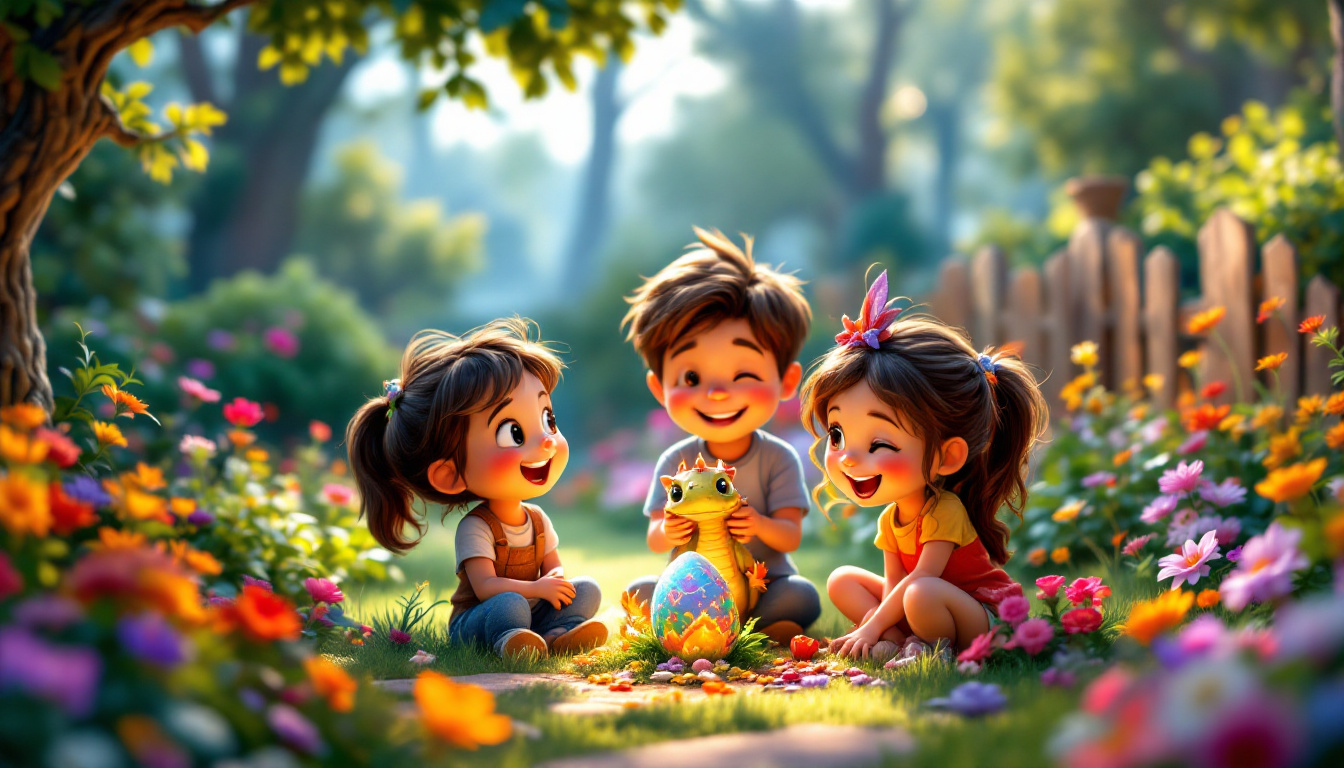 A cheerful family consisting of four members (parents and two children) discovering a colorful dragon egg in their garden, with a cute baby dragon hatching from it, set in a cozy backyard with vibrant flowers and a mysterious forest in the background, fantasy children's story.