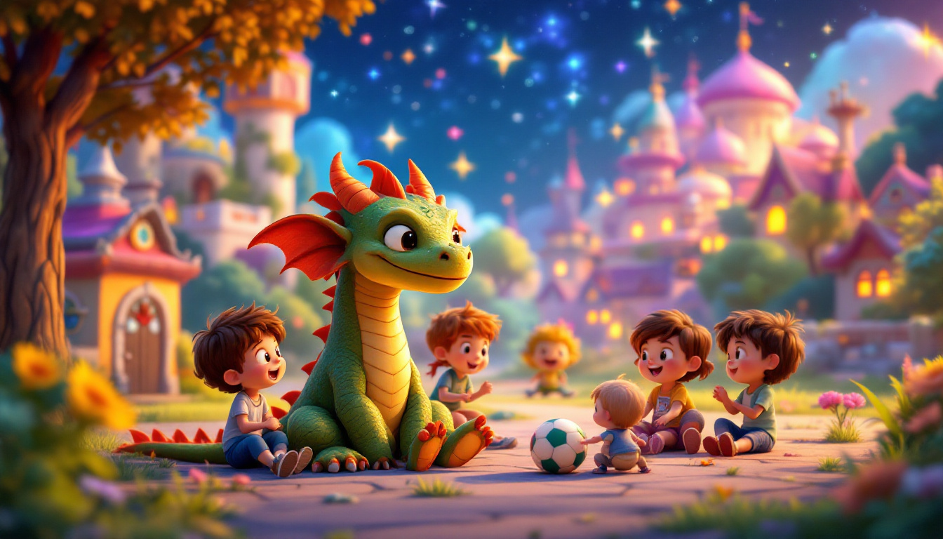 A young dragon named Felix, sitting with children in a village, playing ball under a starry night sky with a magical wizard overseeing them, colorful village in the background, whimsical and adventurous, children's fantasy genre.