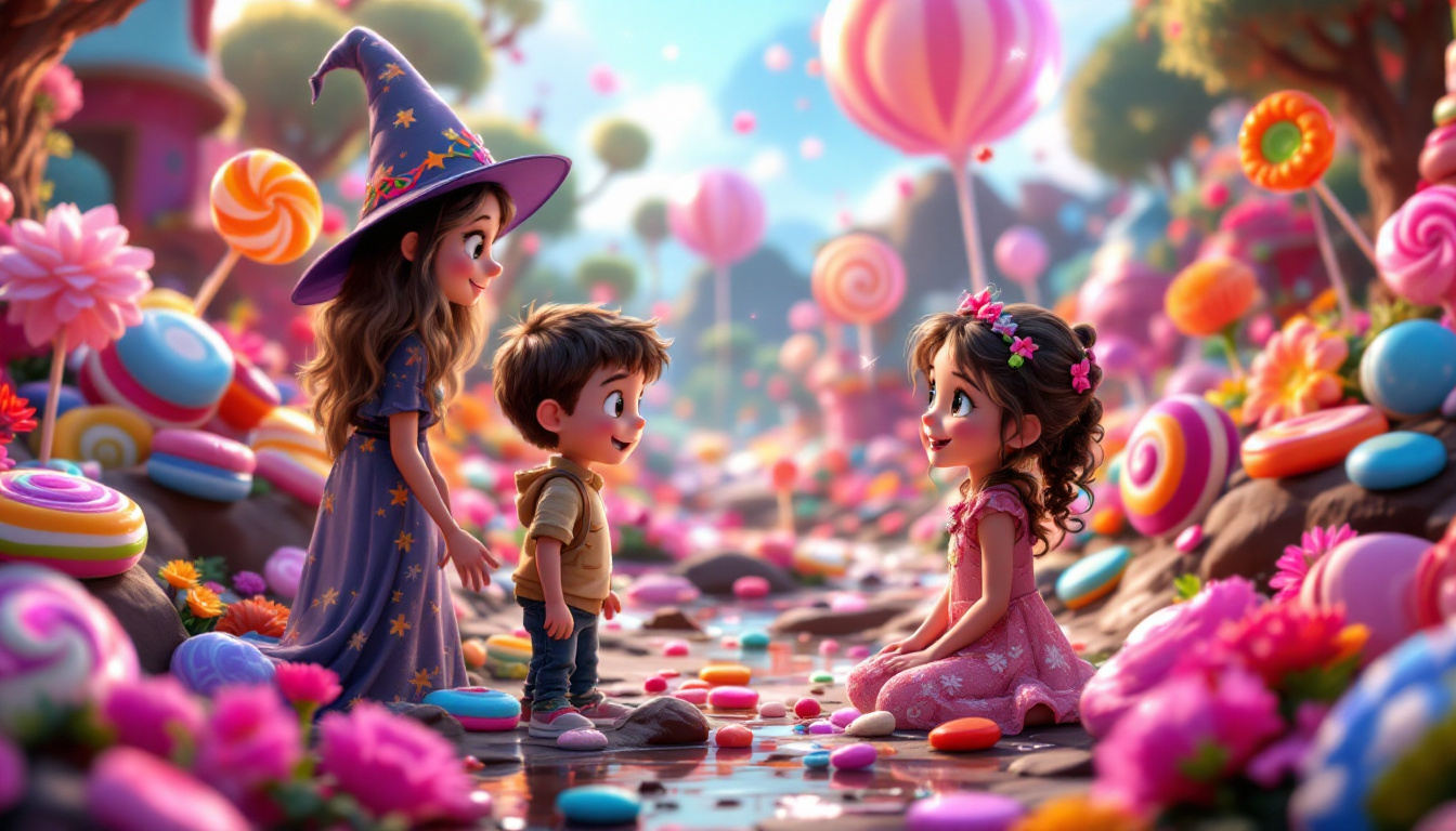 A magical candy world created by a friendly witch named Isabella, with colorful candy flowers, rivers of chocolate, and giant lollipops. The scene shows children, Max and Mia, happily exploring the magical landscape with curious expressions, as Isabella casts spells around them, all set in a whimsical, fairy-tale style.