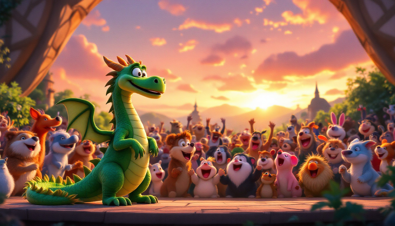 A cheerful green dragon named Hugo singing on a stage in front of a cheering audience of various animals, with a beautiful sunset in the background, showcasing a magical and whimsical fantasy setting.