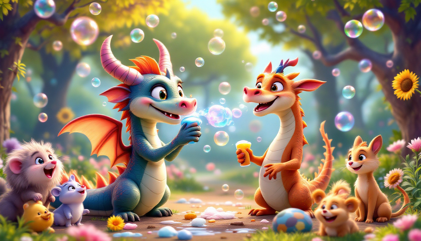 A cheerful dragon named Rocco Rumpelzahn blowing colorful soap bubbles in a vibrant forest filled with various animals dancing joyfully. The scene captures the magic of bubbles and the happiness they bring to the friends.