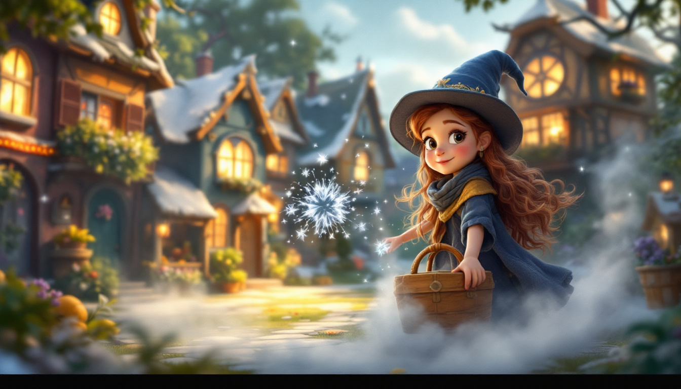 A young girl named Nora Nebelpfote transforming into mist, searching for lost items in a magical foggy town, with whimsical houses and a friendly atmosphere, depicting a charming wizard and witches theme.