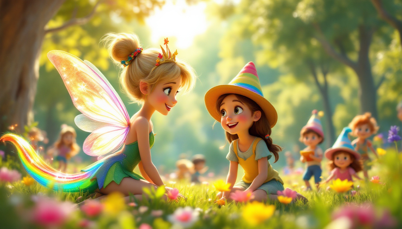 A vibrant forest scene with a cheerful fairy named Stella Sternenschweif, whose rainbow-colored tail glows brightly. She helps a young girl named Emma, wearing a colorful hat, as they organize a joyful festival. Other children are playing and celebrating in the background, under a sunny sky, capturing the magic of friendship and kindness.