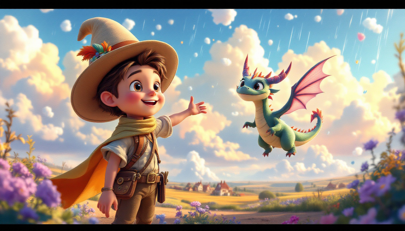 A young boy named Nimbus Wolkenreiter, with a round hat and joyful expression, is controlling whimsical clouds in a colorful sky, while his dragon friend Flauschi dances around him. The village below is a mix of dry fields and blooming flowers, showing the transition from drought to rain, illustrating a fantasy and adventure atmosphere.
