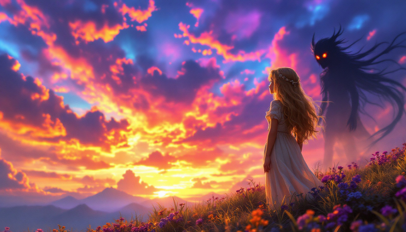 A colorful sunset scene with a brave girl named Aurora Abendrot, with long golden hair and sparkling eyes, standing on a hill showing a shadowy figure of a spirit with glowing red eyes, looking in awe at the vibrant colors in the sky, fantasy genre.