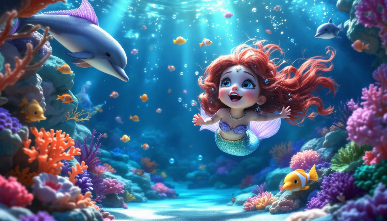 A brave little mermaid named Mila Meeresglanz swimming through colorful coral reefs, seeking the lost song of the ocean. She is accompanied by various cheerful sea creatures like fish and dolphins. The scene captures a moment of harmony as Mila sings, bringing the ocean creatures together in a beautiful underwater world, in a fantasy genre.