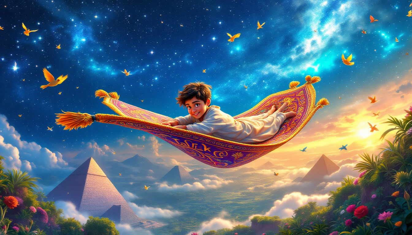 A magical flying carpet named Tarik embracing a young boy named Tarik, soaring through a starry night sky over pyramids and jungles. Around them are colorful birds and cheering people from different cultures sharing stories, evoking a sense of connection and wonder.