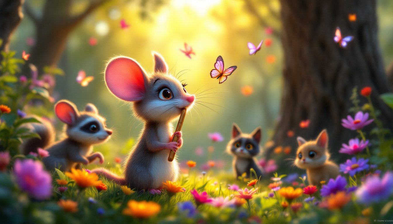 A whimsical forest scene with a tiny mouse named Mimi Mausepfiff playing a magical flute. Around her are colorful flowers, dancing butterflies, and other woodland animals like a raccoon and a rabbit, joyfully listening. In the background, a sneaky cat named Griselda watches from behind a tree, curious but confused. The lighting is soft and enchanting, capturing a sense of wonder and fantasy.