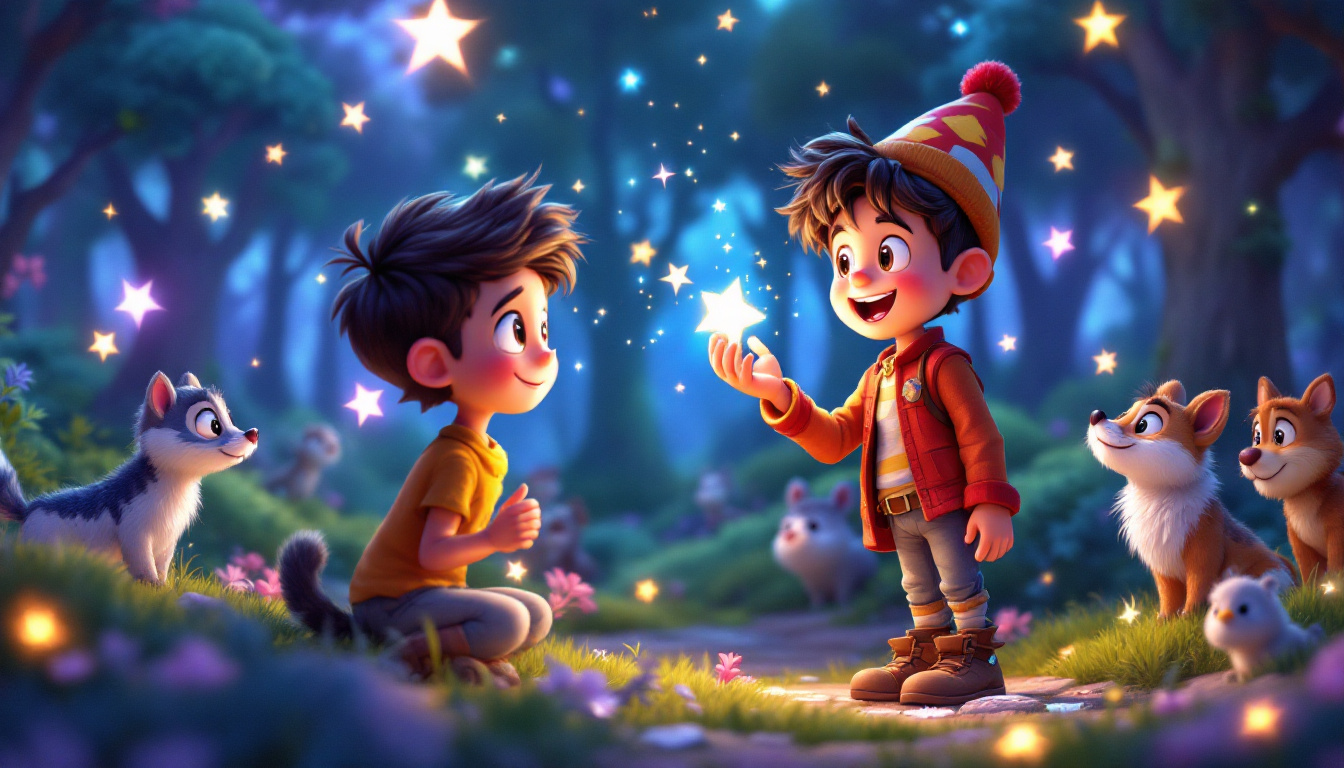 A young boy named Felix Funkelstern finding a magical shooting star stone in a colorful forest, where sparkling lights surround him. There are animals observing him curiously and Felix displaying a sense of wonder and responsibility, in a whimsical fantasy setting.