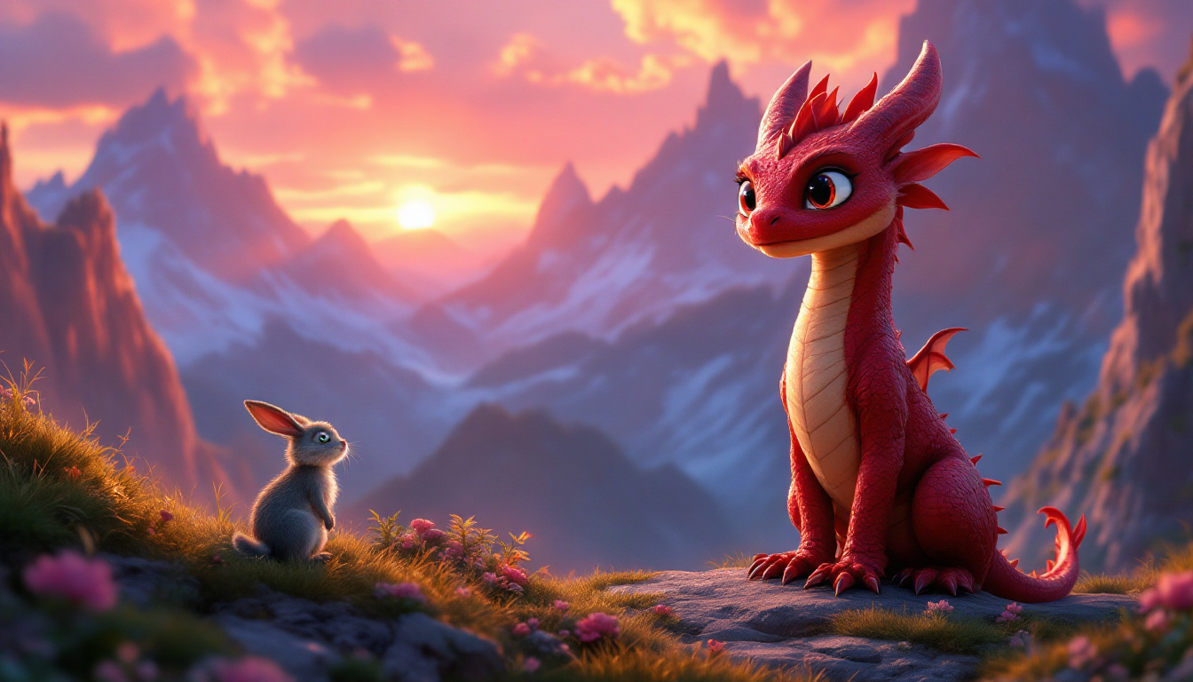 A young red dragon named Daria Dämmerglut standing on a cliff at sunset, glowing softly with inner light, a confident and determined expression on her face; in the foreground, a brave little hare named Max is helping a trapped old frog; the magical mountain landscape reflects a sense of adventure and inner strength.