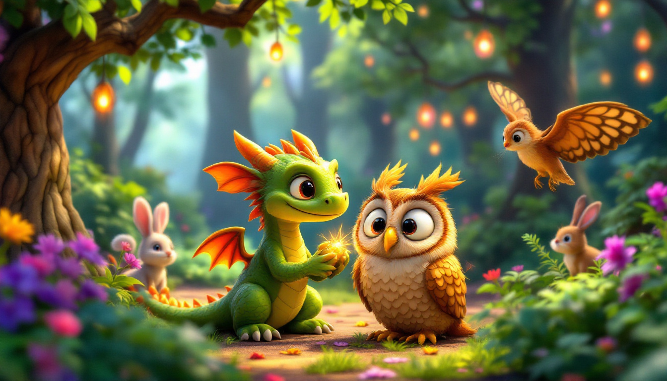 A colorful forest with a friendly dragon named Felix Feuerlos, who is small, green with big eyes, using healing magic on a injured owl, while other forest animals like rabbits and birds watch in amazement. Adventure, fantasy.
