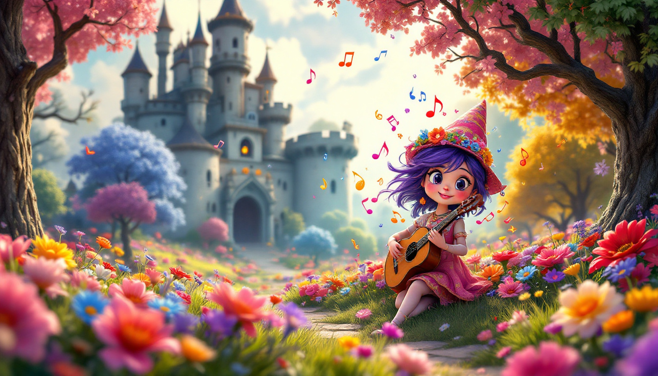 A whimsical fantasy scene showing Melody Klangherz, a girl with magical musical notes around her, surrounded by colorful flowers and trees. In the background, a gloomy castle represents the Color Thief. Melody is playing a magical tune on her instrument, and colors are burst forth from it, transforming the landscape. The atmosphere is enchanting and cheerful.