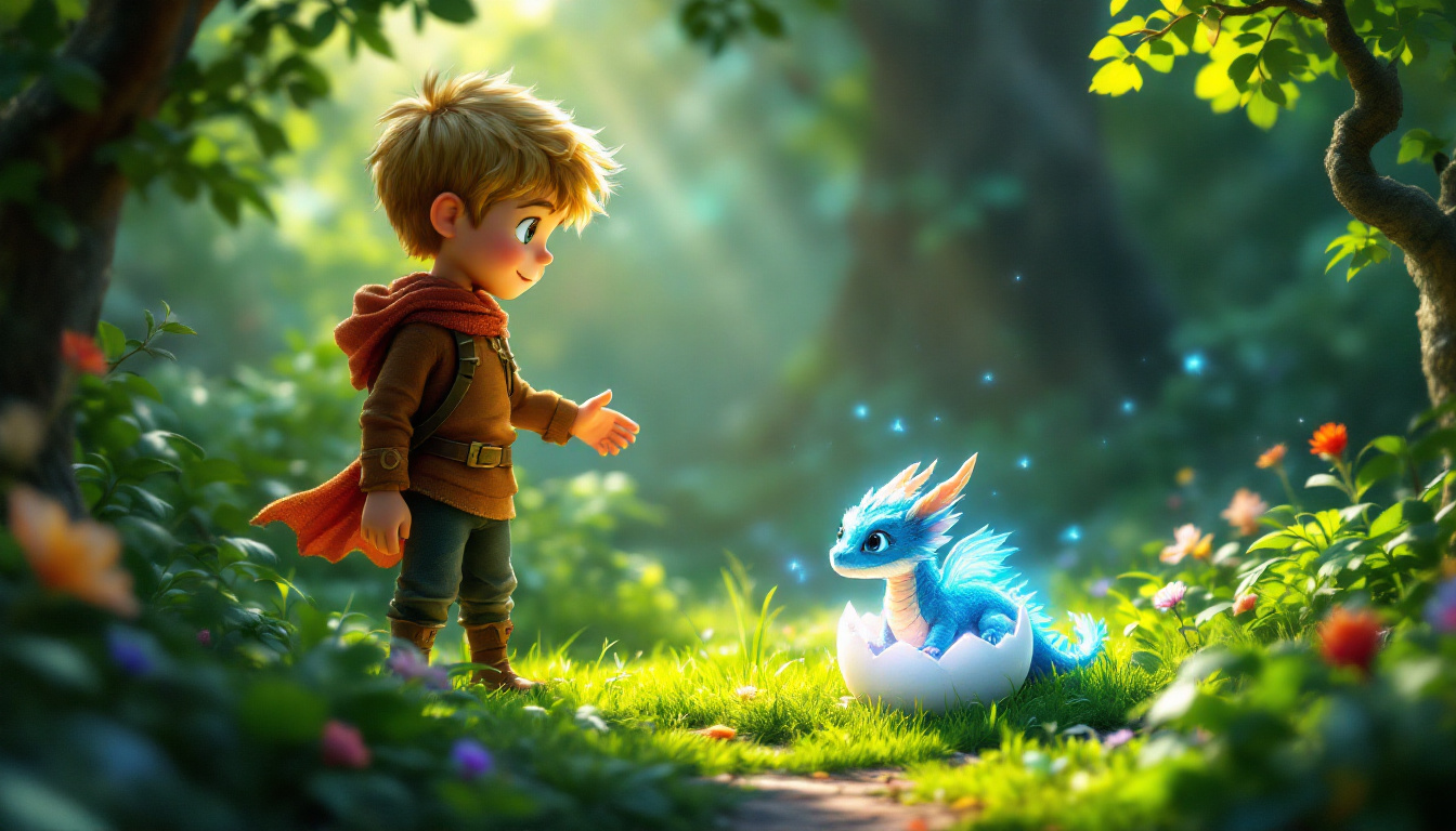 A magical scene depicting a young boy named Sven standing in a lush green forest with a glowing dragon egg at his feet, a small shimmering dragon named Glanz emerging from the egg, with beams of light illuminating the surroundings, capturing the essence of friendship and adventure in a fantasy genre.